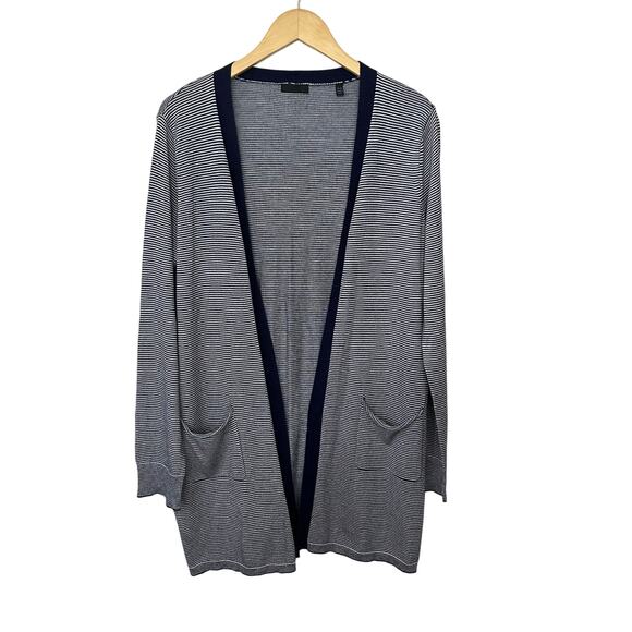 ATM Open Cardigan Silk Cashmere Blend Navy Blue Striped Lightweight Nautical M - Picture 3 of 9